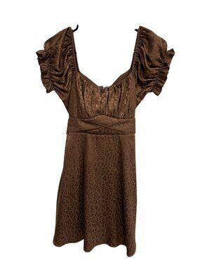 Mi Ami Brown Leopard Print Puff Sleeve Square Neck Dress Size S Y2K Coquette